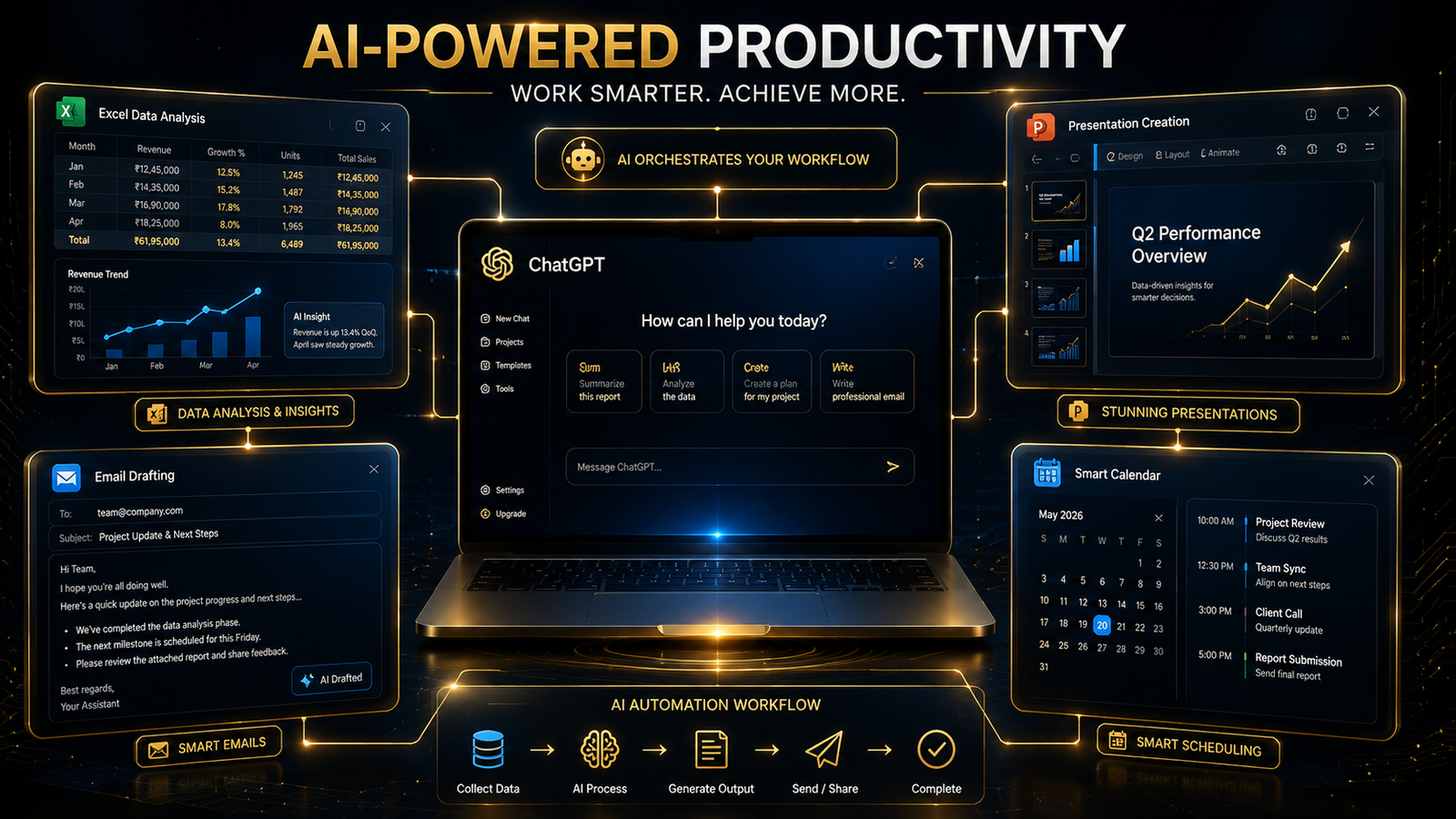 Collage of AI workflow examples from the course bundle
