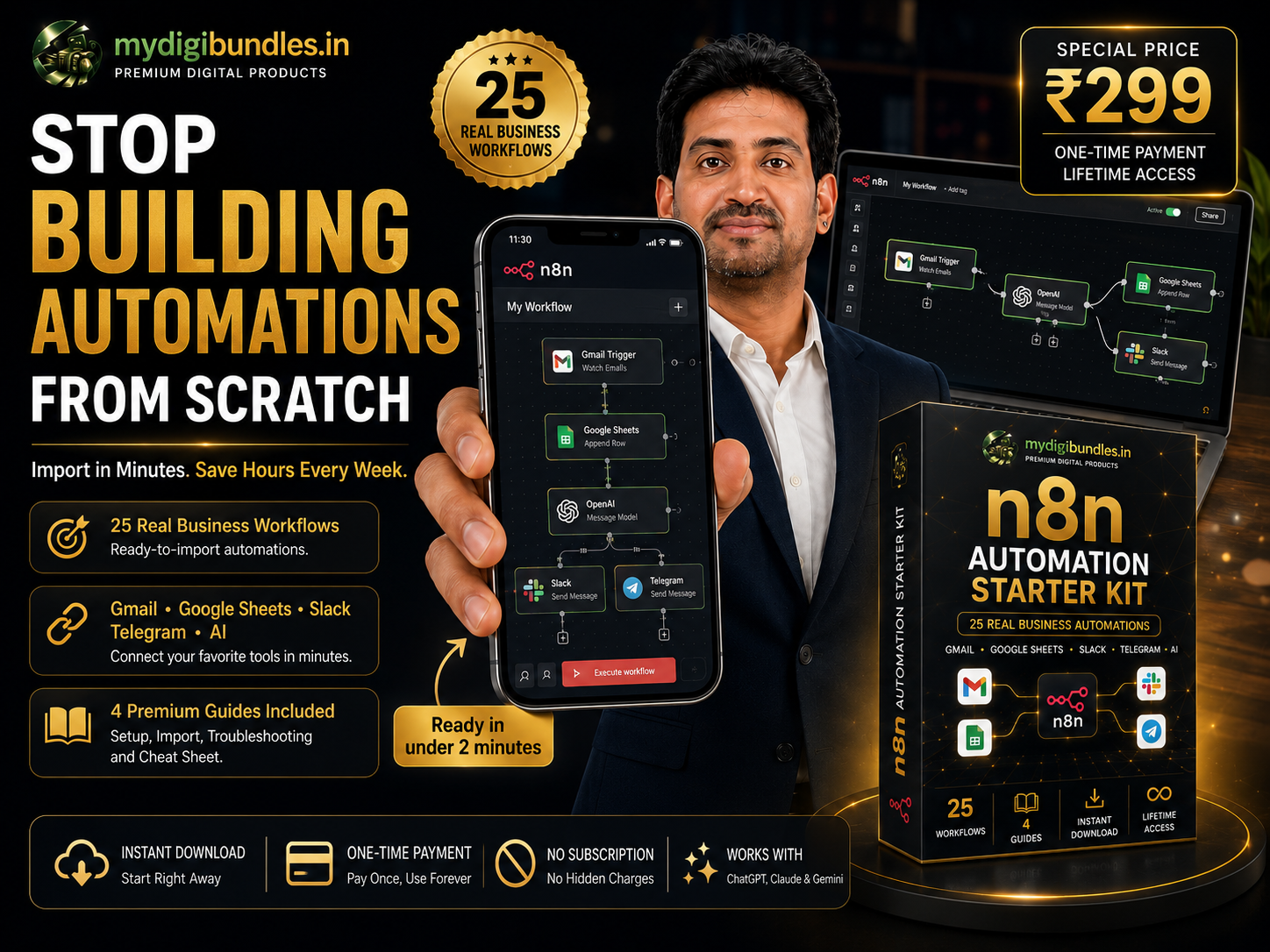 n8n Starter Kit — 25 ready-to-import workflow automation templates