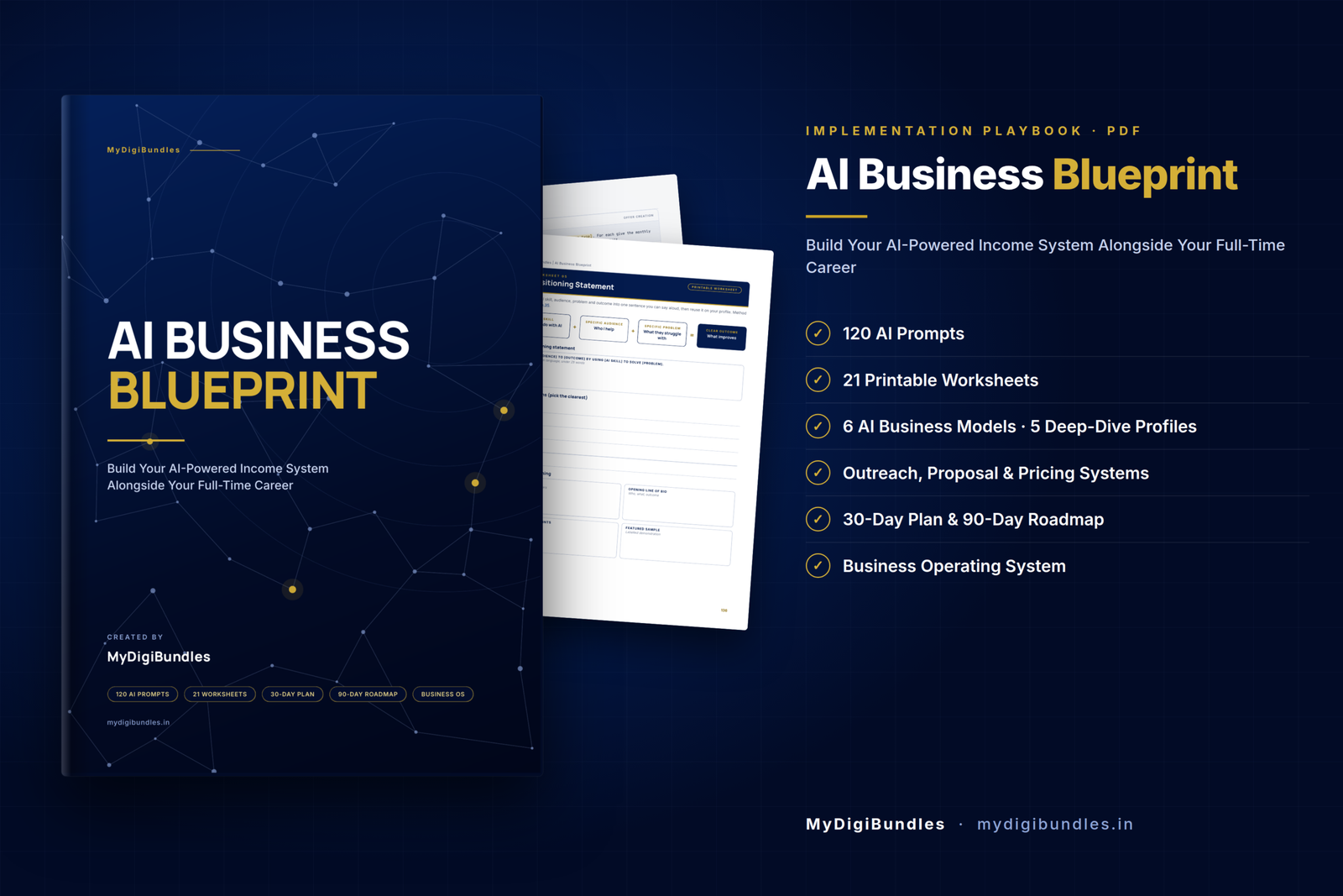AI Business Blueprint — 157-page PDF playbook with 120 AI prompts, 21 printable worksheets, a 30-day plan and a 90-day roadmap